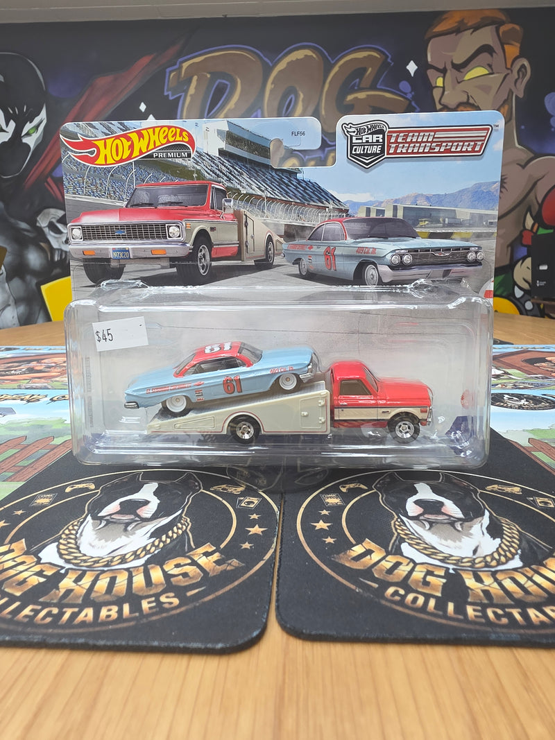 Hot Wheels Premium Car Culture Team Transport '61 Chevy Impala & '73 Chevy C20 Ramp Truck - Metal/Metal Real Riders (FLF56)-1