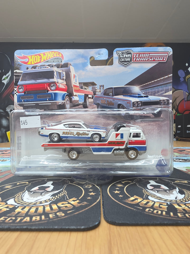 Hot Wheels Premium Car Culture Team Transport AMC Rebel Machine & Flatbed Hauler - American Motors Metal/Metal Real Riders (FLF56)-1