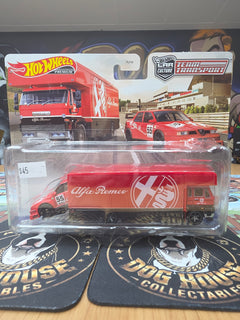 Hot Wheels Premium Car Culture Team Transport Alfa Romeo 155 GTA & Box Hauler - Alfa Romeo Livery Metal/Metal Real Riders (FLF56)-1